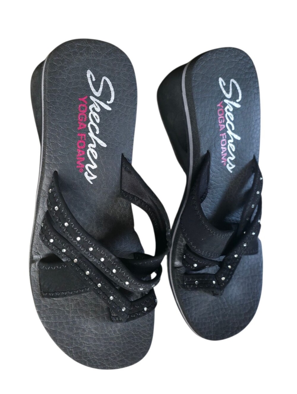Skechers Yoga Foam Toe Ring Wedge Sandals Black Rhinestone Comfort Y2K Size 8 - Picture 4 of 15